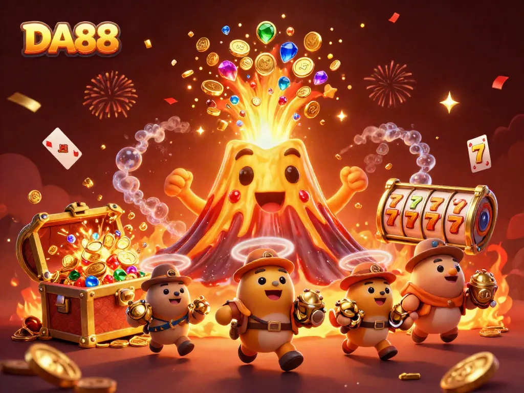 Engage with the excitement of DA88 casino fun featuring a golden volcano and treasure-filled adventure.