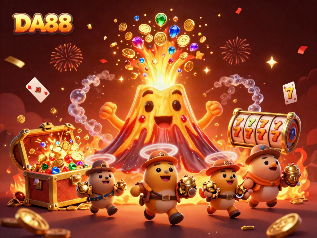 Engage with the excitement of DA88 casino fun featuring a golden volcano and treasure-filled adventure.