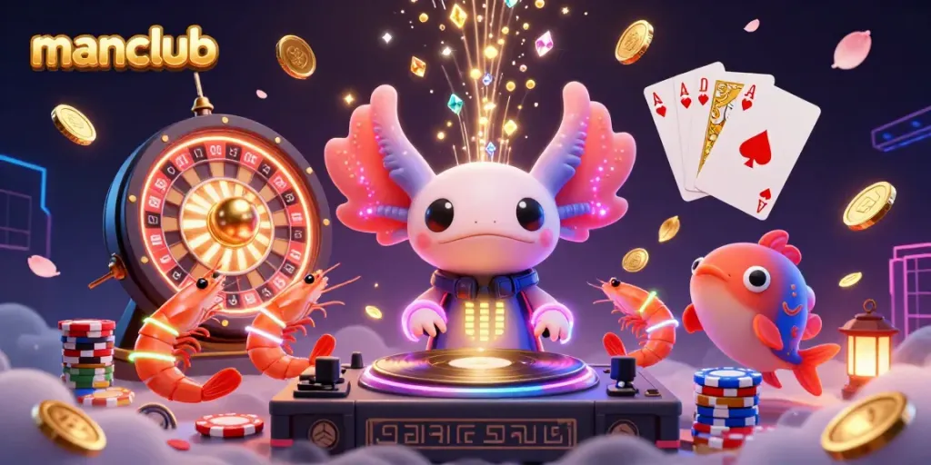Experience the thrilling energy of manclub with animated axolotl DJ, colorful coins, and casino elements.