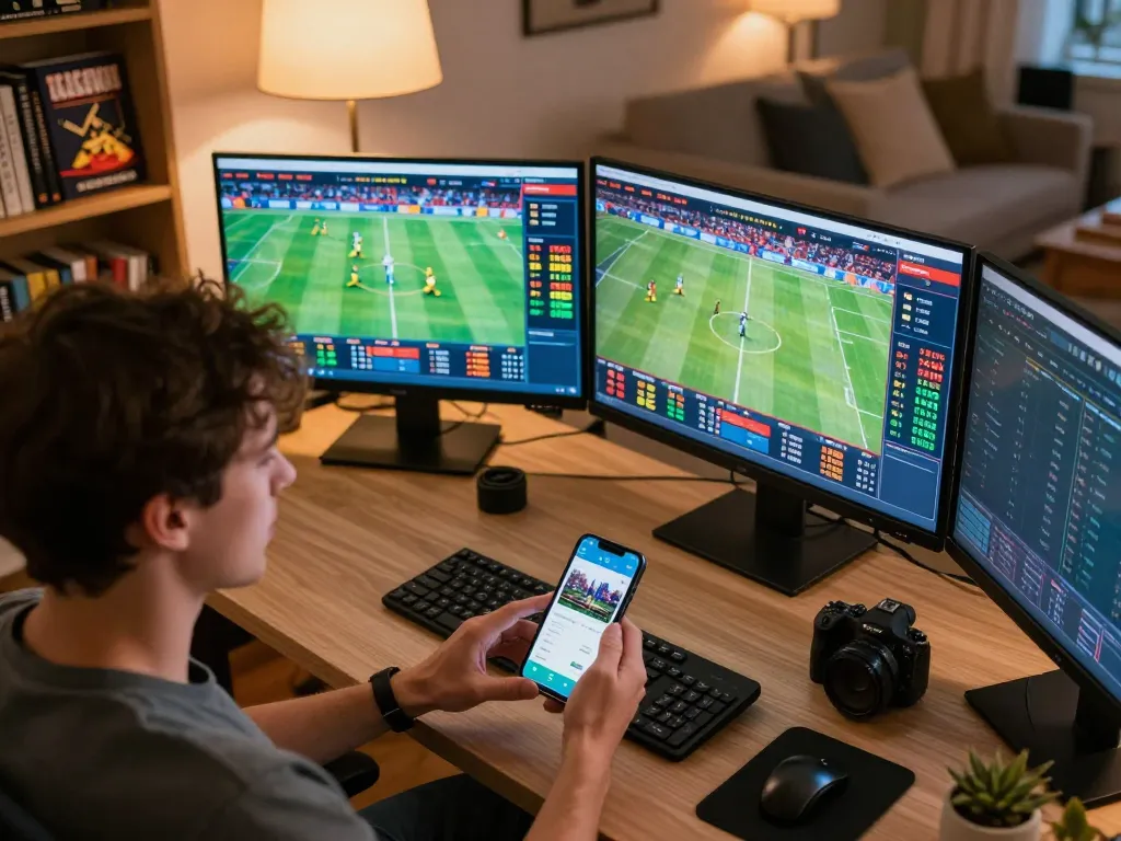 Engaging sports betting activity at Trang Chủ O8 with smartphone and desktop screens showing live odds.