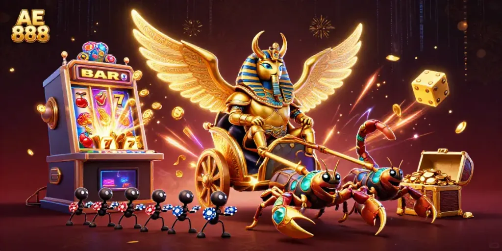 Spin the AE 888 jackpot with a thrilling casino adventure, featuring a golden scarab beetle and vibrant symbols.