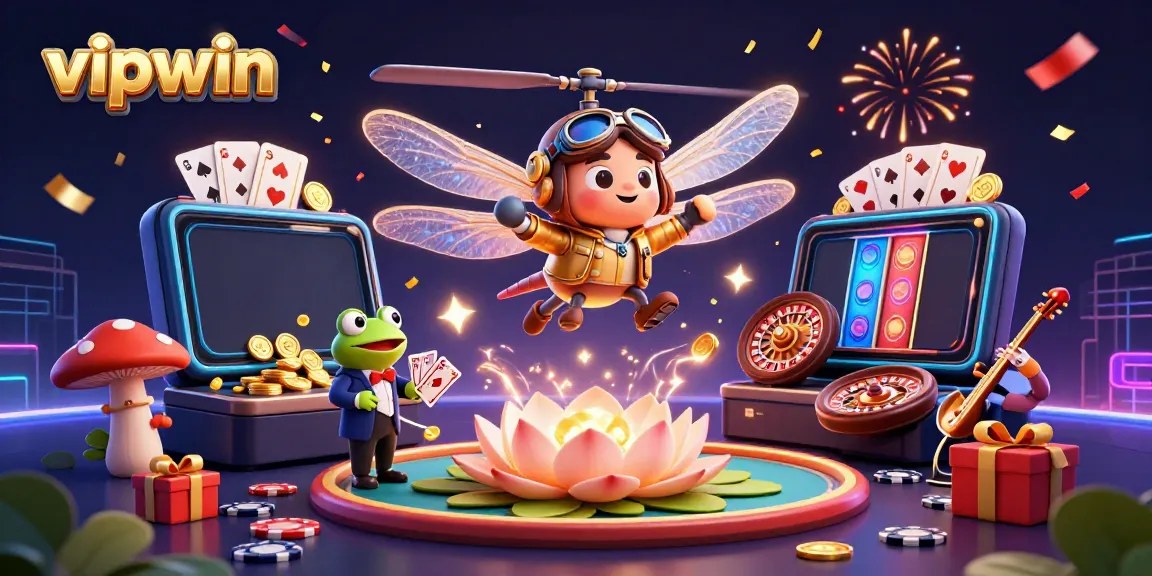 Engage with vipwin's vibrant gaming universe featuring a dragonfly pilot above a lily pad casino, creating excitement.