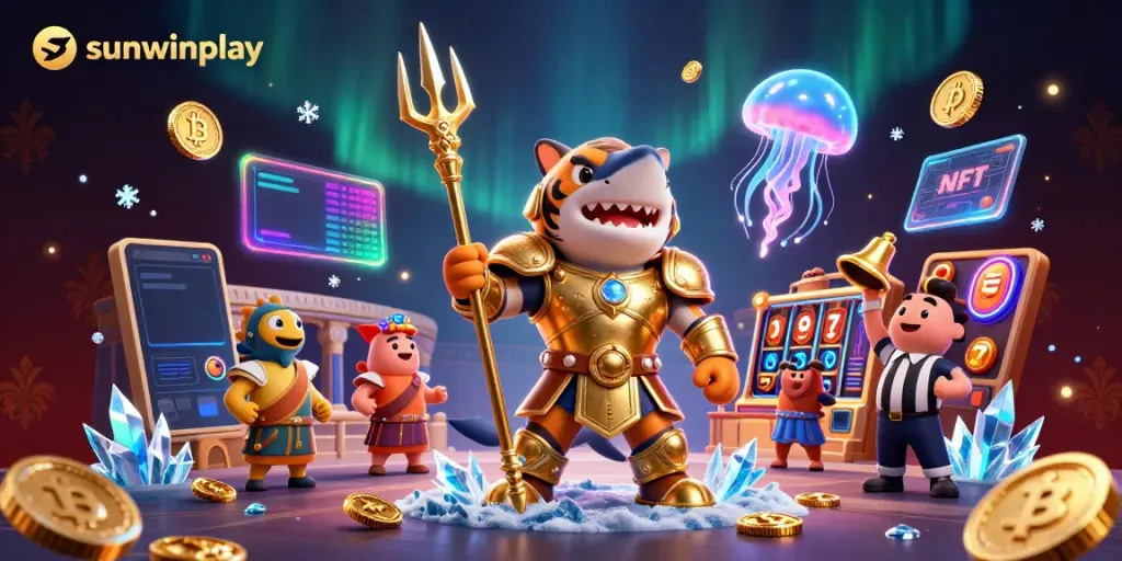 Experience the thrill of sunwinplay with a dynamic underwater casino battle, featuring a powerful shark in gladiator armor and exciting game elements.