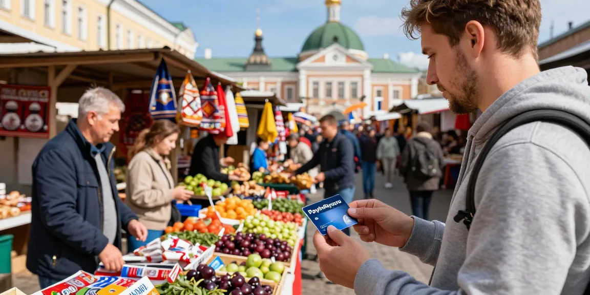 De PayInRussia-service in gebruik, terwijl een toerist in een levendige Russische markt lokaal voedsel en ambachten koopt.