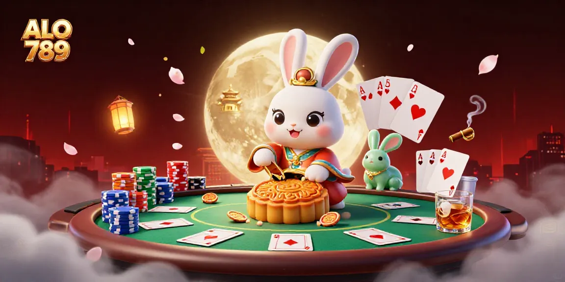 Experience ALO 789 in a vibrant gambling scene with a moon rabbit and poker elements.