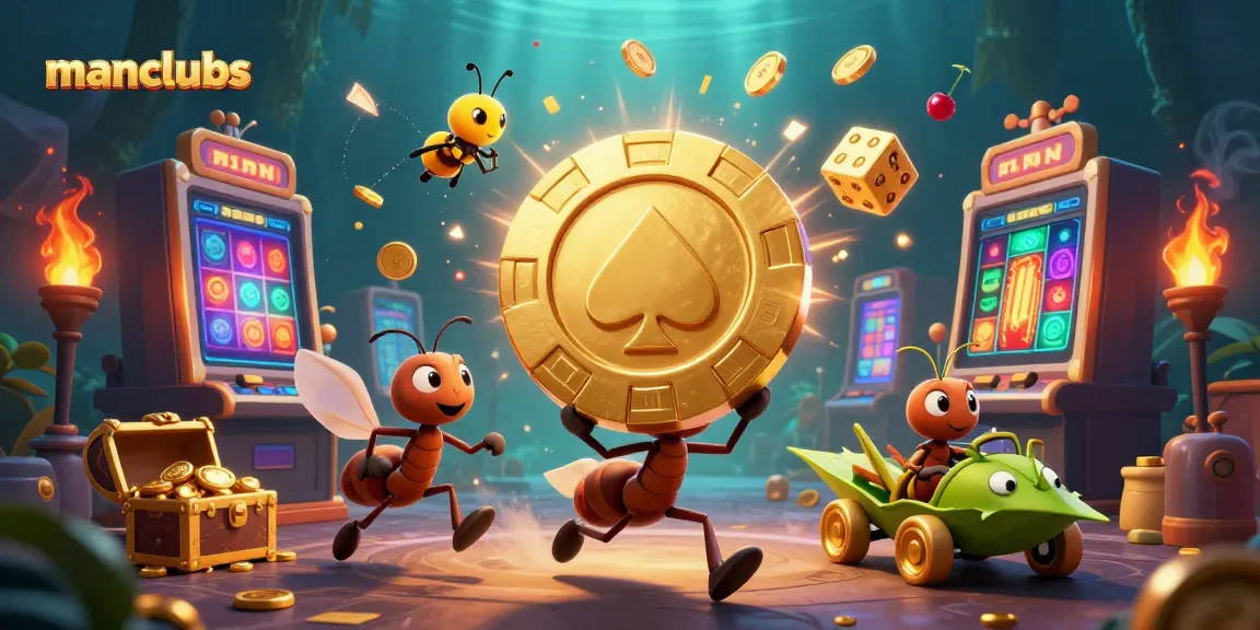Experience thrilling gameplay at manclubs with animated ants on a heist adventure in a vibrant casino world.
