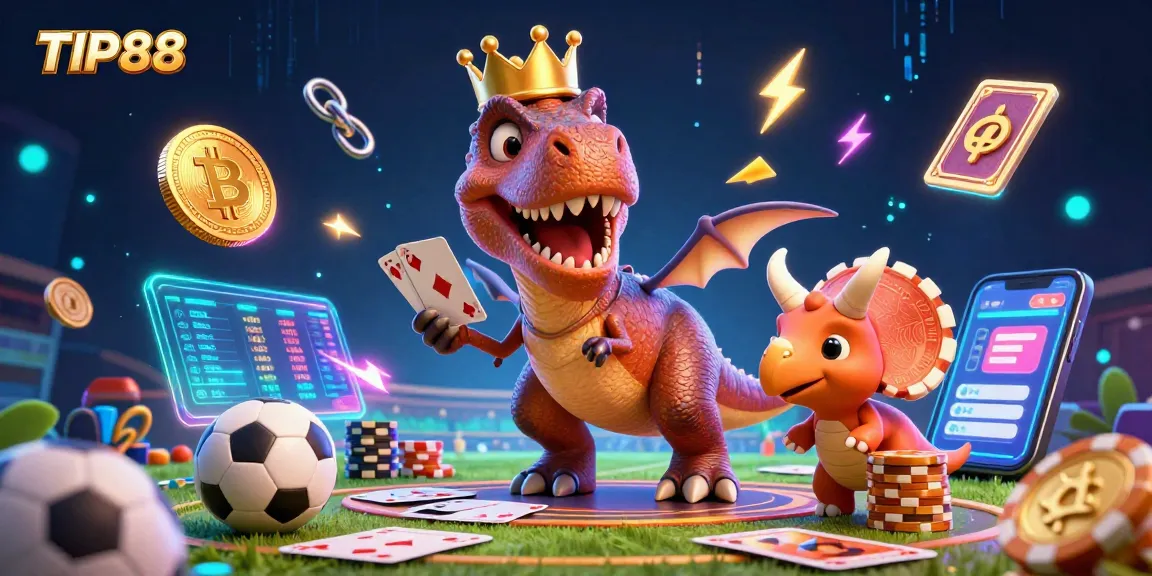 Betting with TIP88: A colorful scene featuring a T-Rex and friends engaging in thrilling sports bets.
