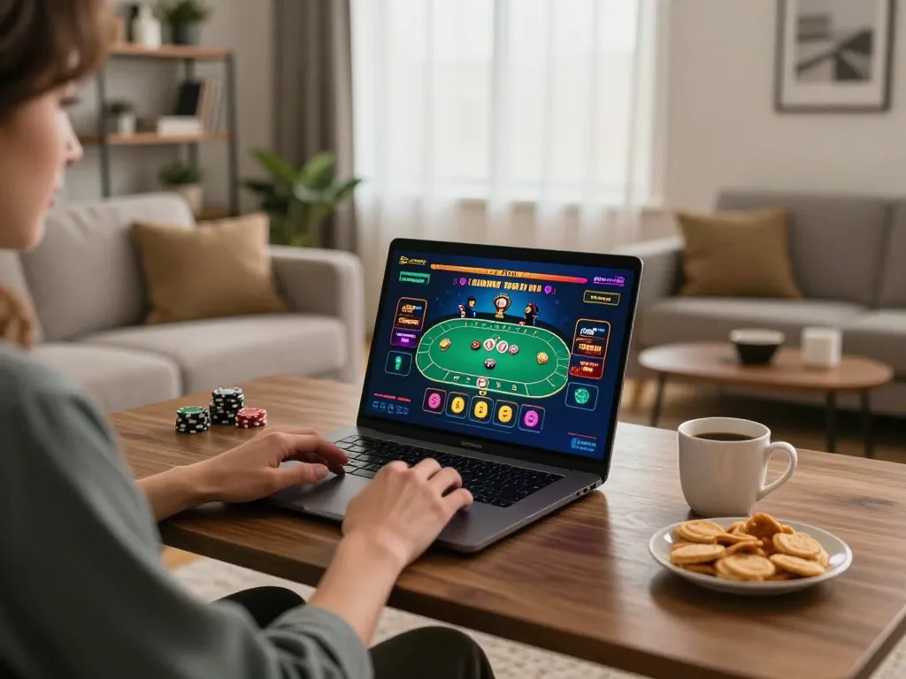 Engaging with online poker gameplay on laptop at home, showcasing o8 gaming experience