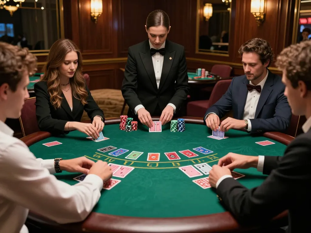 Players at Jun88 engage in intense blackjack strategy amidst luxurious decor.