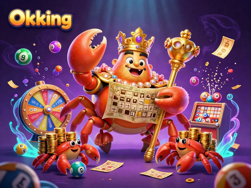 Experience thrilling gameplay with Okking's exciting lottery elements and charismatic crab emperor promoting fun!