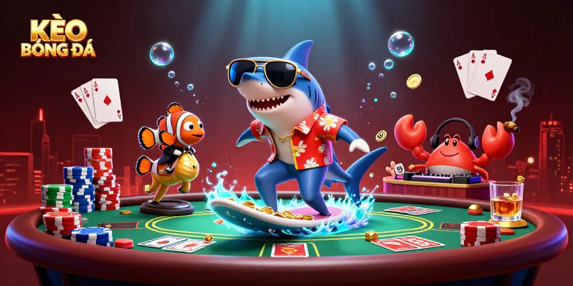 KÈO BÓNG ĐÁ showcases a vibrant scene with a shark, clownfish, and crab celebrating in a casino setting.