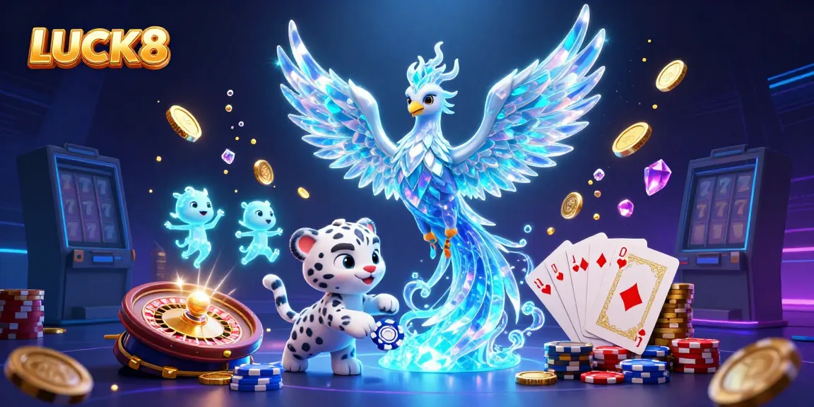 Experience the thrill of LUCK8 with a vibrant casino scene featuring a phoenix and magical creatures.