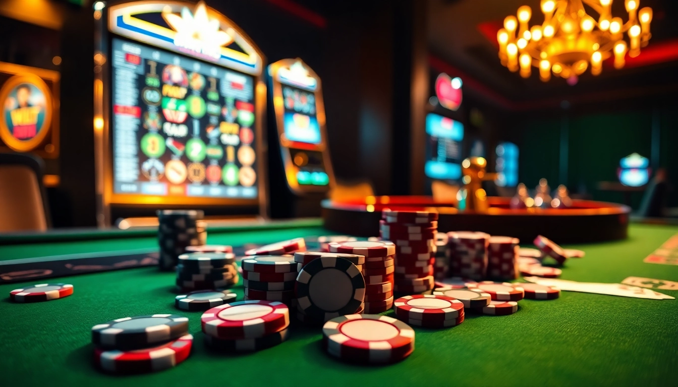 C168 players enjoying a vibrant scene featuring poker chips and roulette at a luxurious online casino.