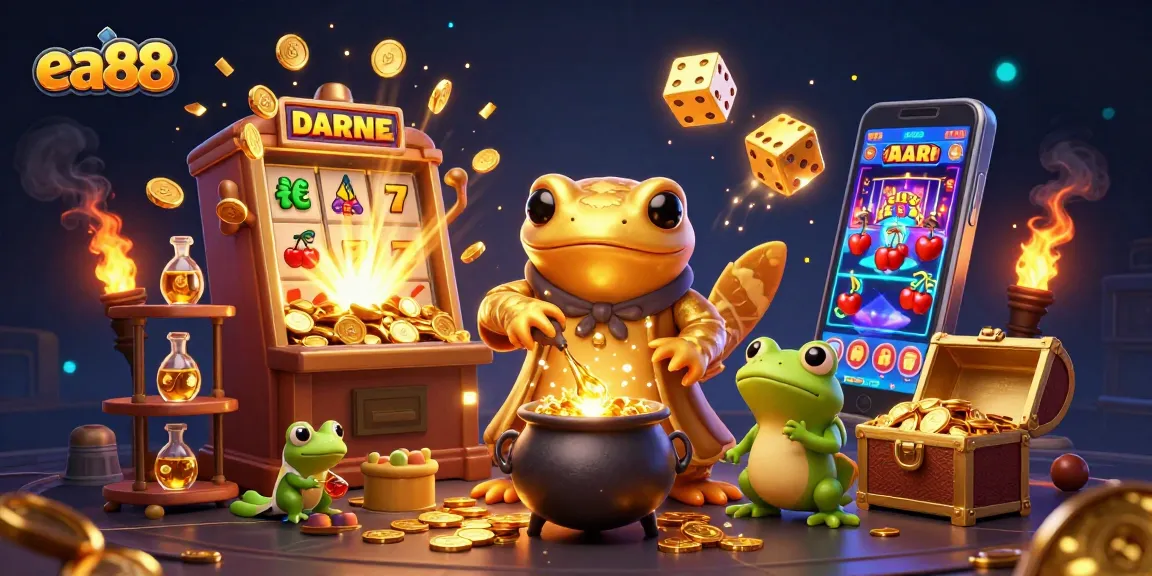 Experience the thrill of ea88 with a vibrant 3D illustration of a casino fantasy scene full of gold and adventure.
