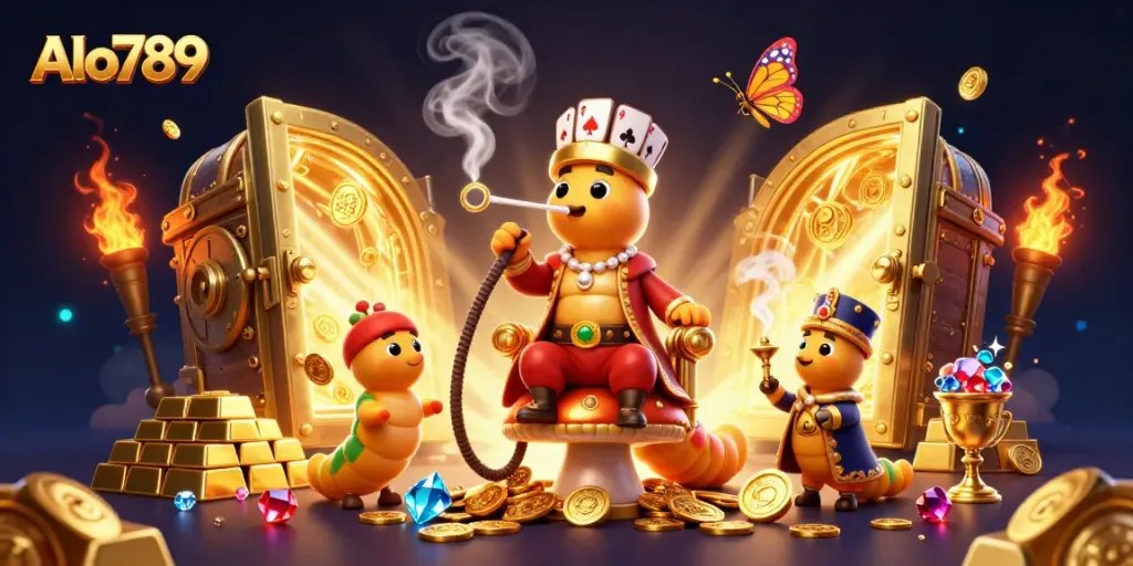 Alo789 showcases vibrant and colorful casino elements with a hookah-master and treasure vaults for thrilling gambling