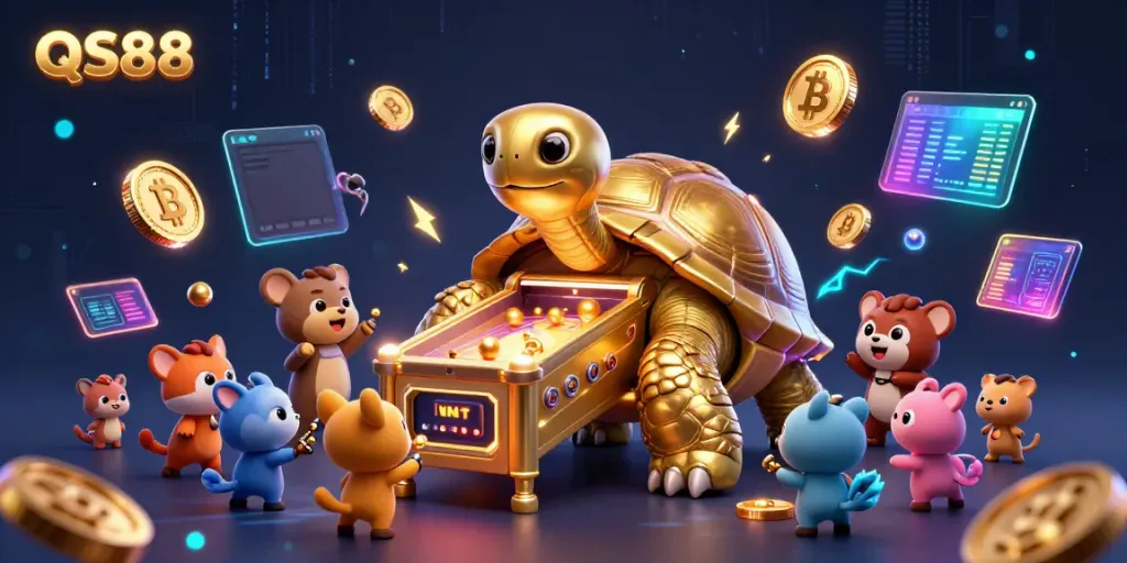 Play exciting casino games at QS88, featuring a golden tortoise pinball machine and crypto elements.