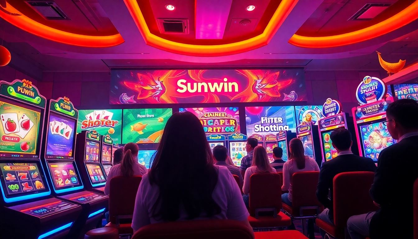 Exciting Sunwin gaming platform featuring poker, slots, and diverse players enjoying online games.