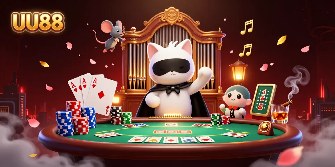 Experience exhilarating gaming at UU88 with a captivating scene featuring a dramatic casino ambiance alongside poker elements.