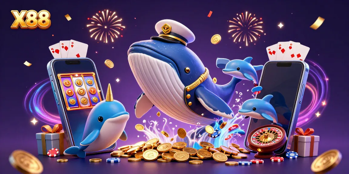 Play X88 with whales, dolphins, and slot games amidst a sea of gold coins!