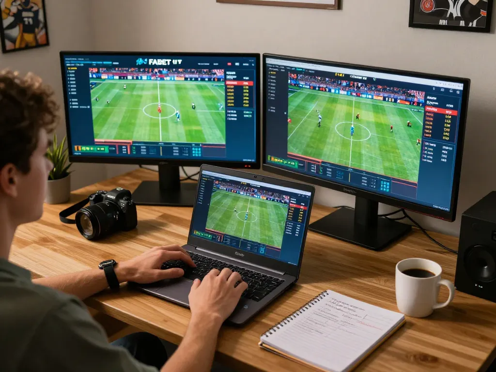 Engaged user placing bets on FABET trang cá cược platform using laptop at home, showcasing strategic betting setup.