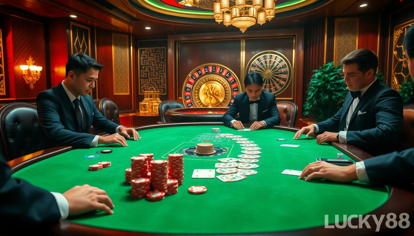 Experience the thrill of winning at nhà cái LUCKY88 with luxurious casino tables and vibrant poker chips.
