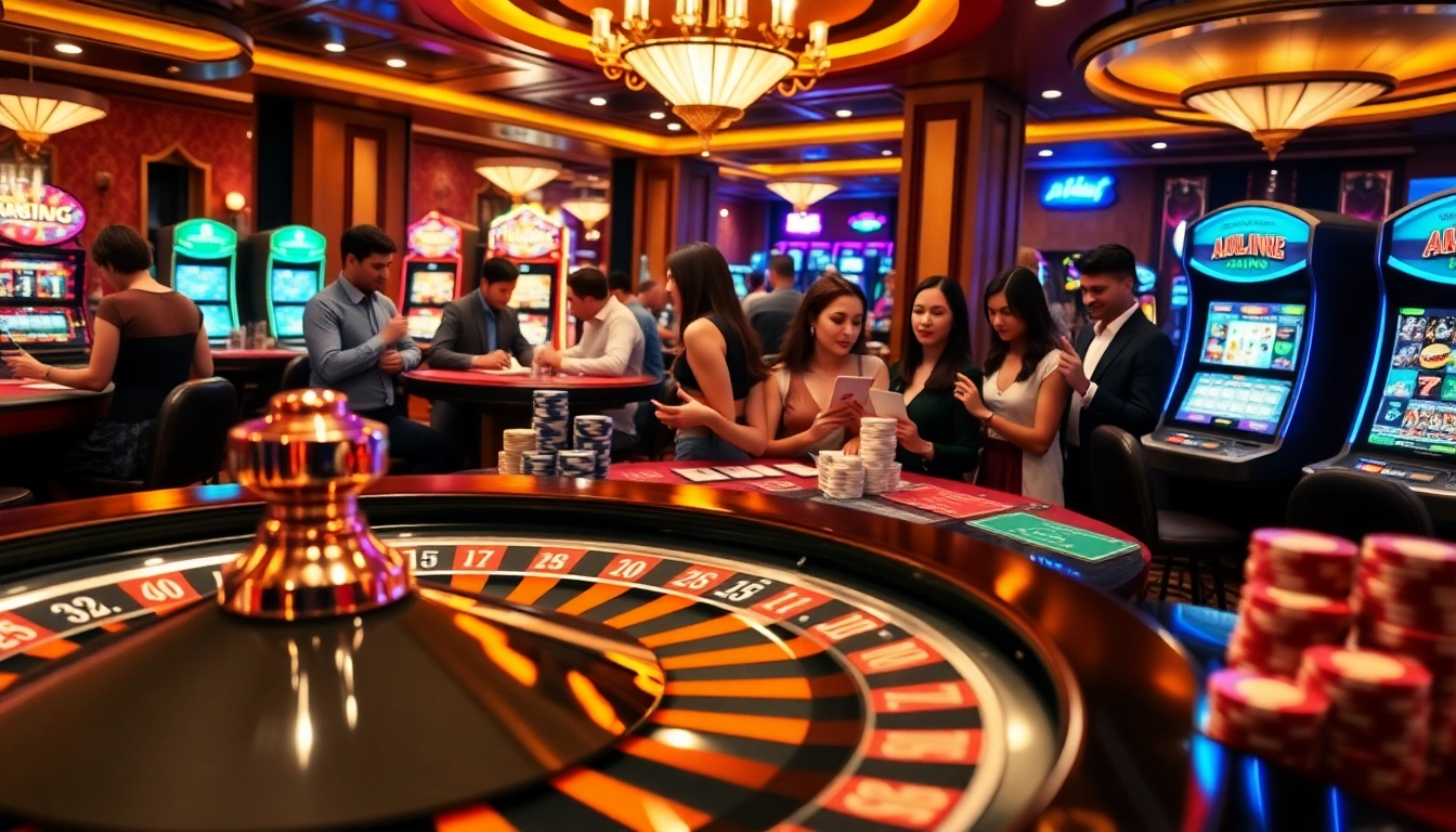 Experience the thrill of 79KING with vibrant casino visuals featuring poker, roulette, and joyful gamblers.
