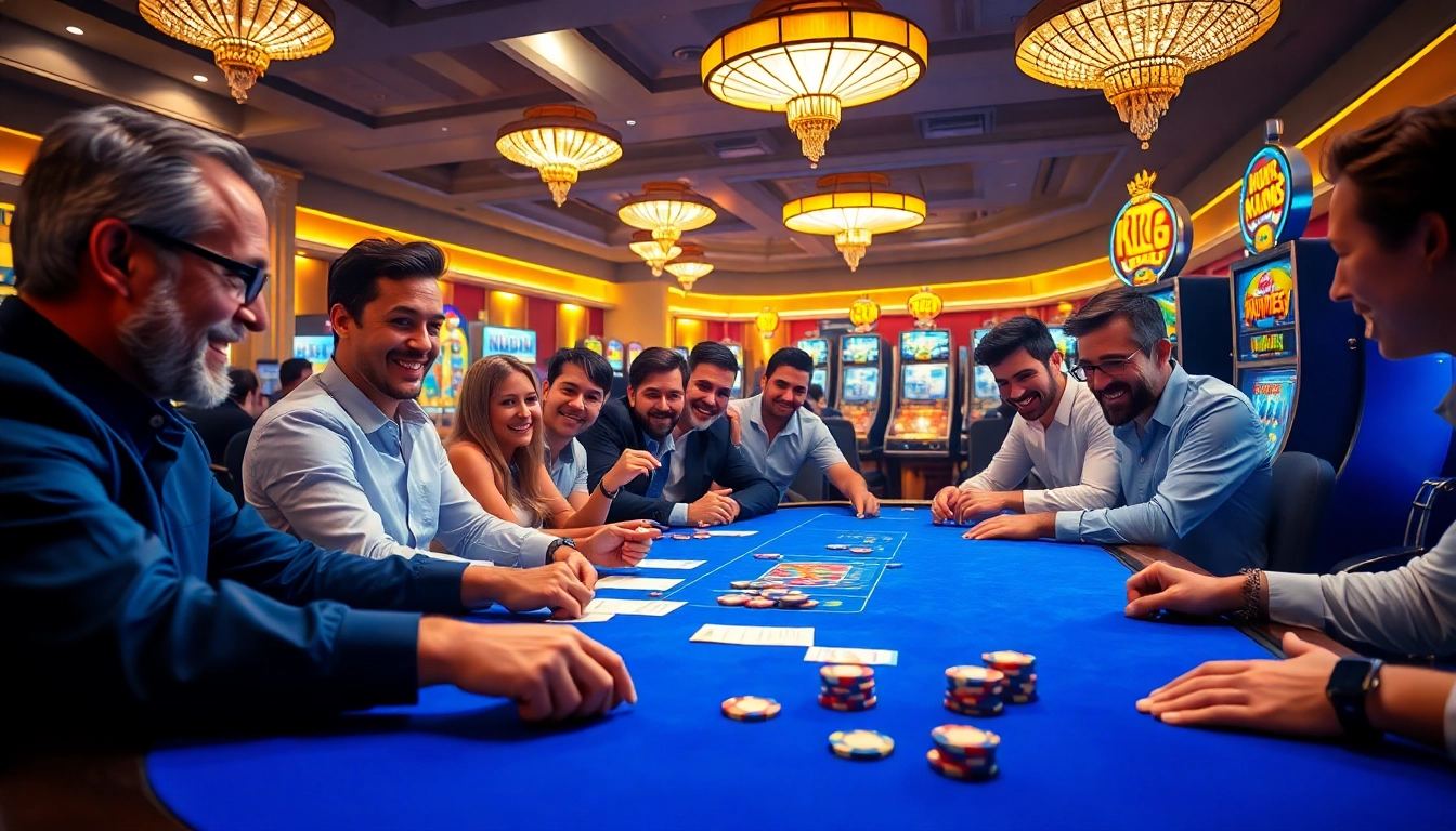 Engaged gamblers placing bets on NK88 at a vibrant casino table with colorful chips.