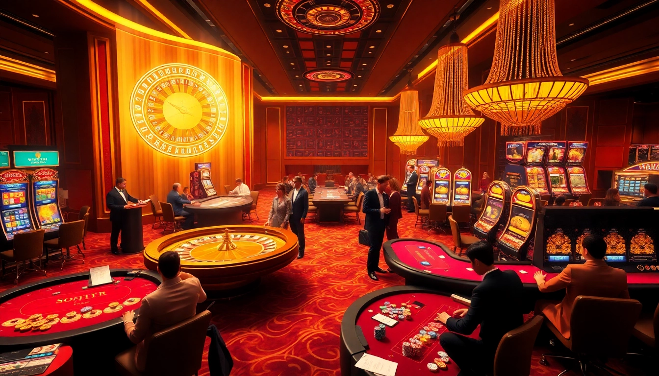 Excited players engaging in various games at nhà cái DA88 casino, showcasing roulette and poker.