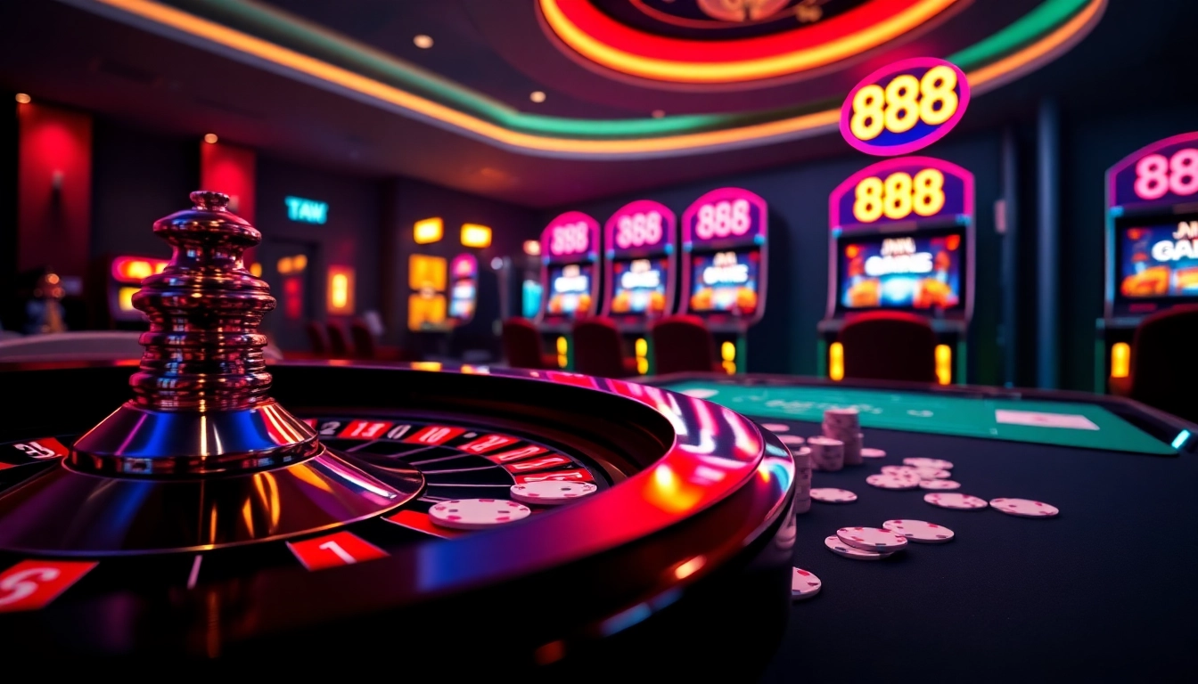 Experience the thrill of gambling at 888new.com with vibrant casino visuals depicting slot machines and poker.