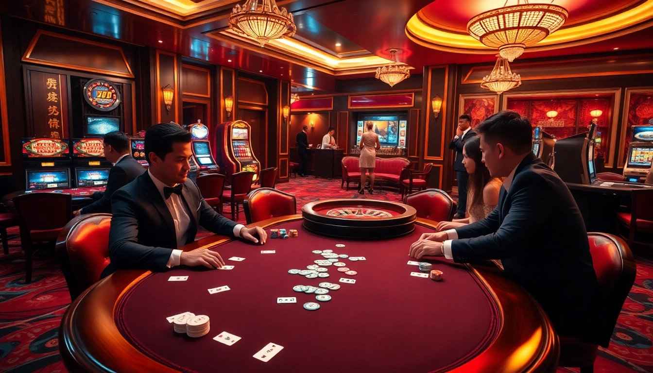 Experience the luxury of gaming with Trang Chủ 9BET, featuring vibrant casino tables and stylish players.