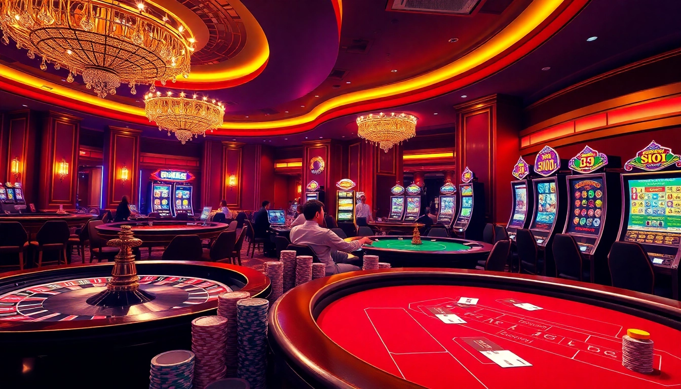 Experience the thrill of nhà cái SKY88 in a luxurious casino atmosphere filled with vibrant gaming elements.