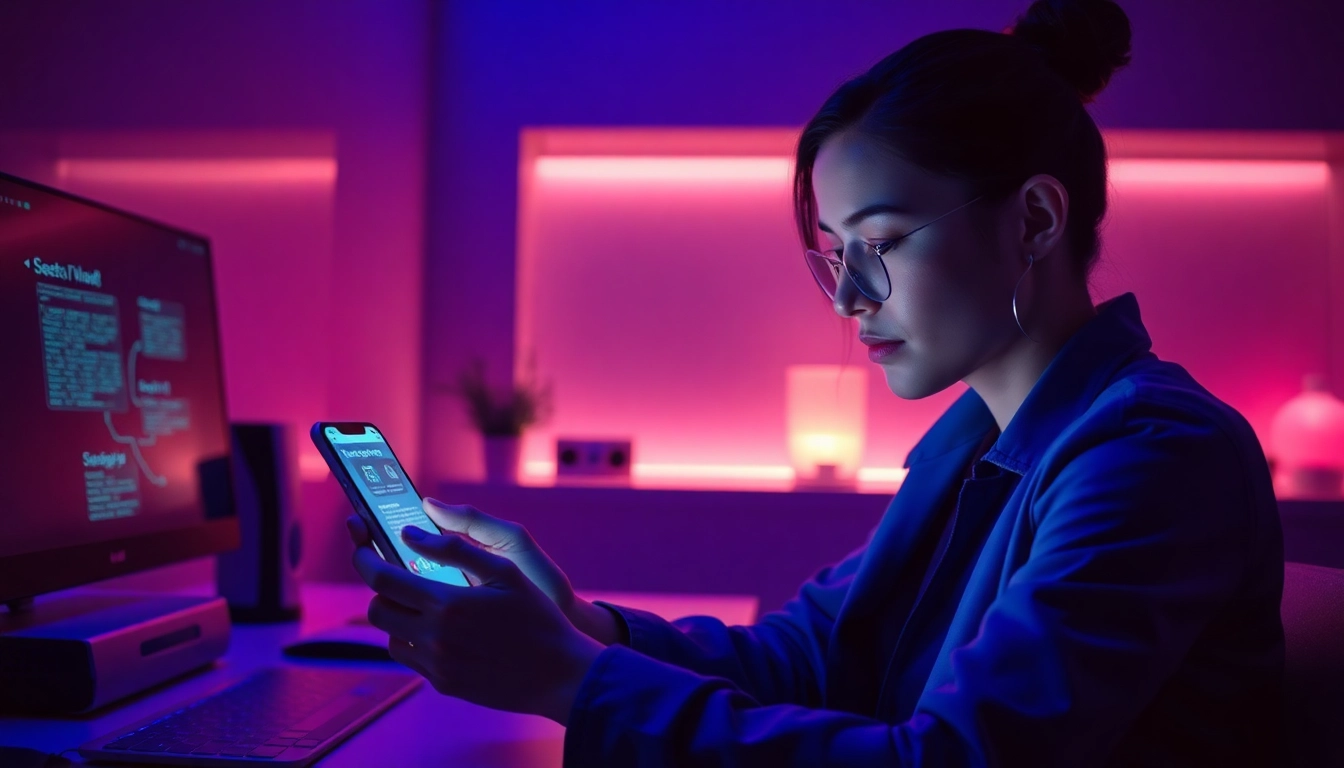Sexting AI depicted through a futuristic digital interaction with an intimate glow from a smartphone, showcasing emotional engagement.