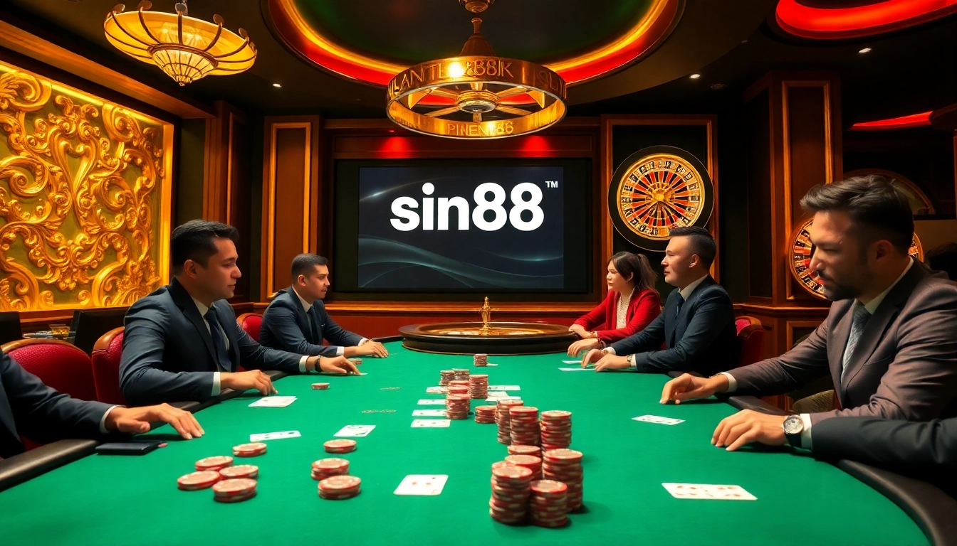 Exciting scene of players at a poker table during sin88 đăng nhập, showcasing intense gameplay and vibrant casino atmosphere.