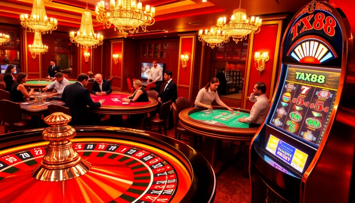 Players enjoying a thrilling TX88 casino experience at elegant tables with chips and cards.
