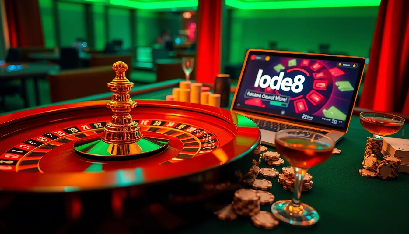 Lode88 ai showcases an exciting casino atmosphere with a roulette wheel and online gambling interface.