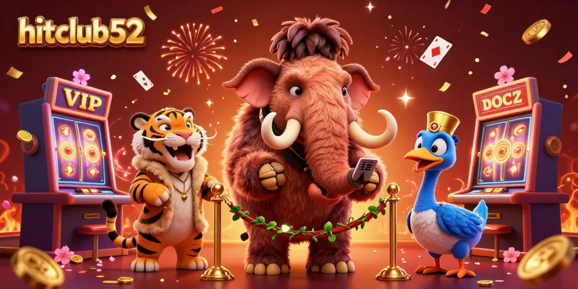 Experience thrilling gameplay at hitclub52 with a vibrant casino scene featuring a mammoth bouncer and VIP guest.
