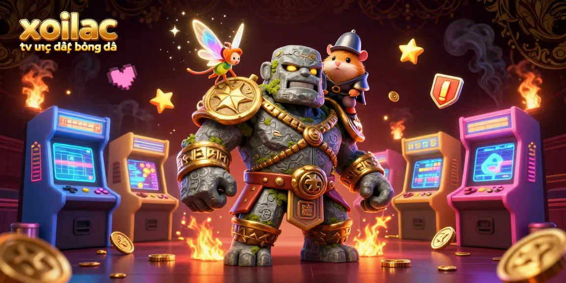 Xoilac tv trực tiếp bóng đá features a vibrant 3D scene with a stone golem and magical elements engaging in colorful casino action.