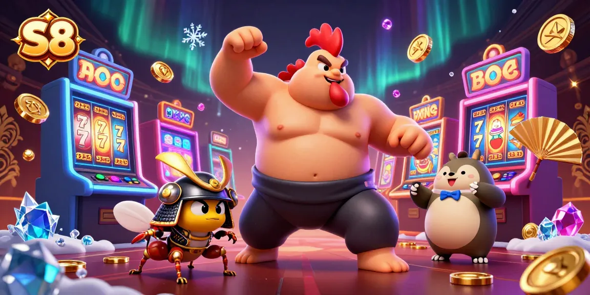 Experience the excitement of S8 with a vibrant 3D casino scene showcasing colorful slot machines and dynamic characters.