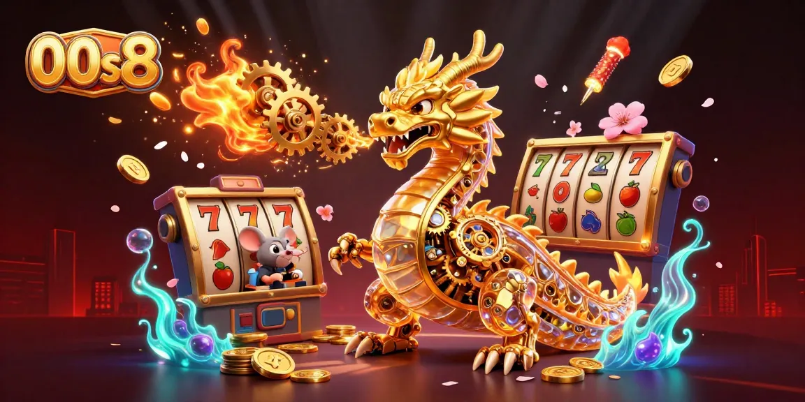 Experience the excitement of 00s8's gaming world with a golden dragon and dynamic casino elements.