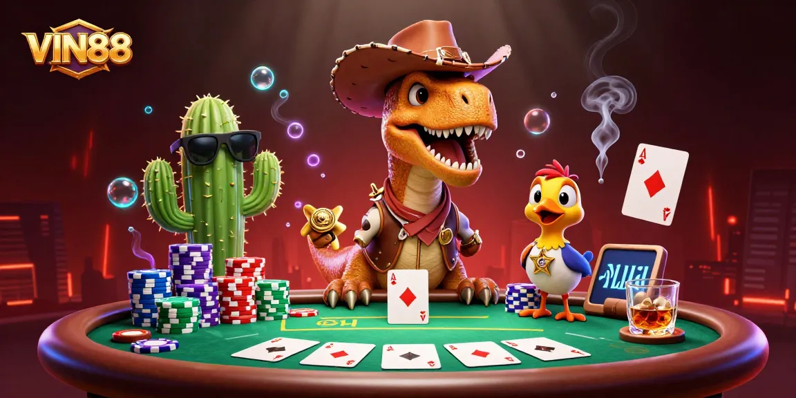 Play poker and win with VIN88 in this thrilling 3D casino scene packed with vibrant characters and action.