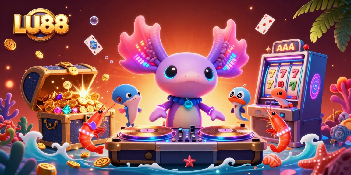 Experience thrilling gameplay at LU88 with vibrant underwater casino elements, including golden coins and neon characters.