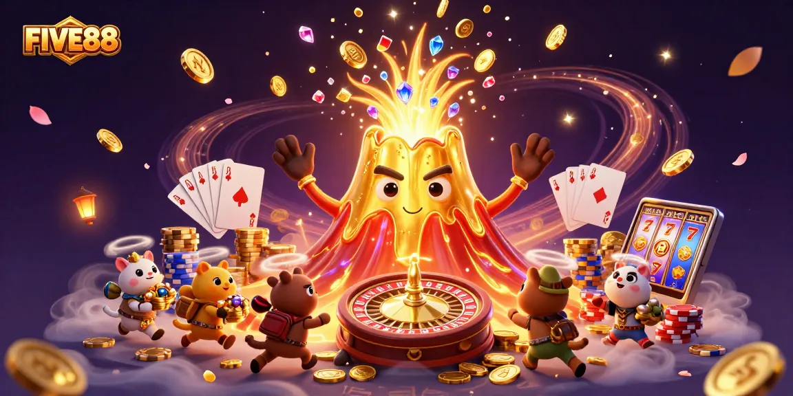 FIVE88 casino illustration showcasing dynamic rewards and thrilling gameplay elements.