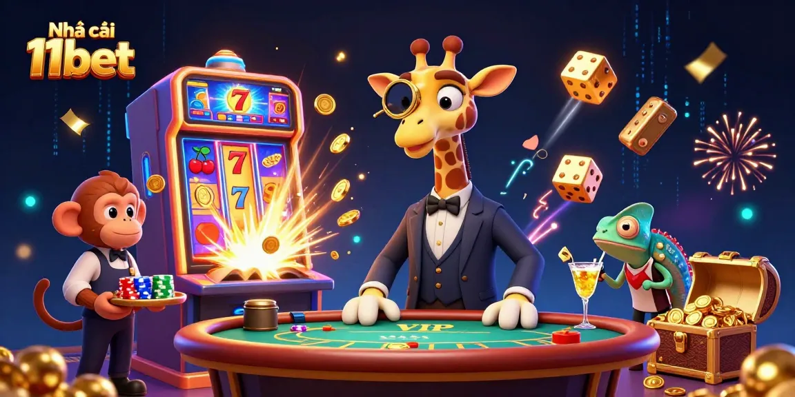 Experience the excitement at Nhà cái 11bet with a vibrant 3D casino scene filled with action and fun.