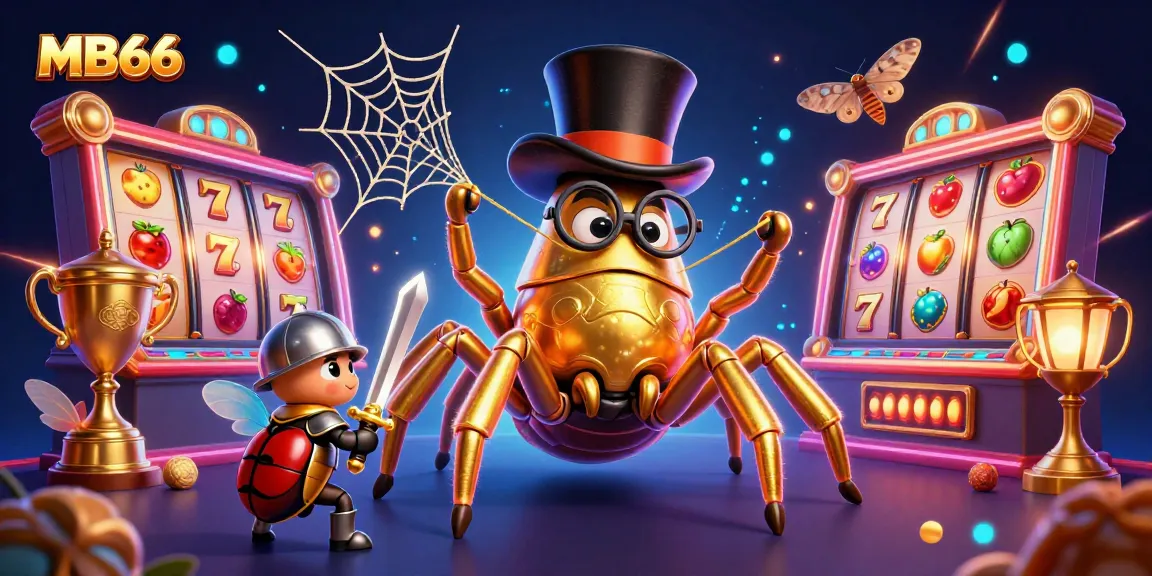 Engage in thrilling gameplay at MB66 with dynamic golden tarantula weaving amidst colorful slot elements.