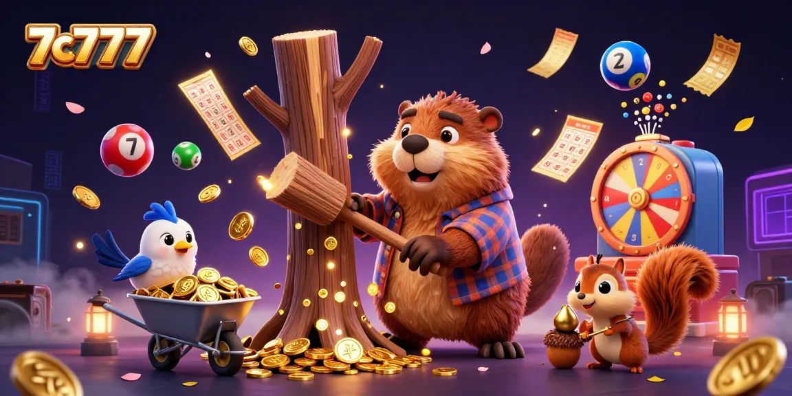 Experience thrilling wins at 7c7777 with our colorful lottery and casino-themed 3D illustration.