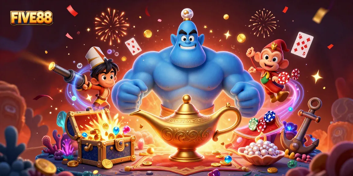 Spin and win at FIVE88 with a magical casino experience featuring colorful characters and vibrant gaming elements.