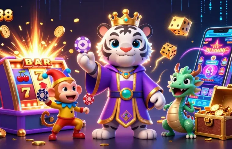 Experience GG88's vibrant casino atmosphere with dynamic characters and stunning slot machine action.