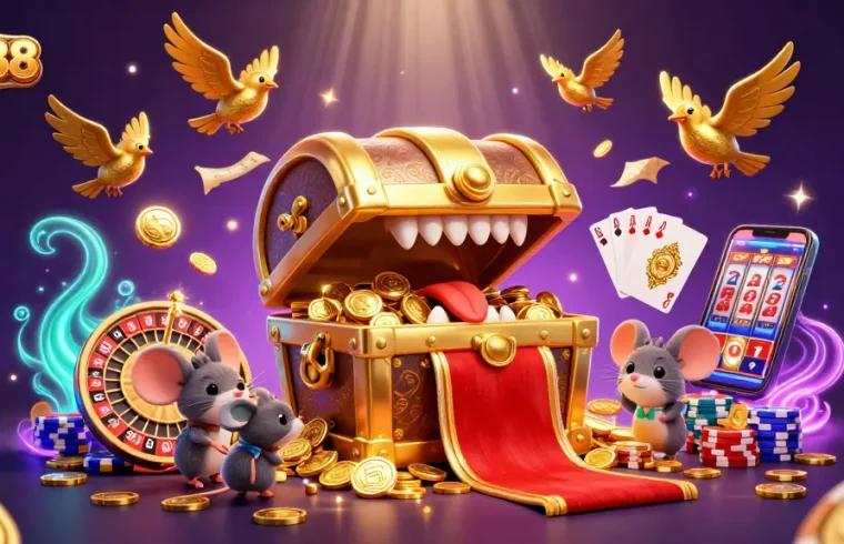 Engage with DA88's vibrant casino adventure, featuring treasure chests, roulette, and sparkling gems.