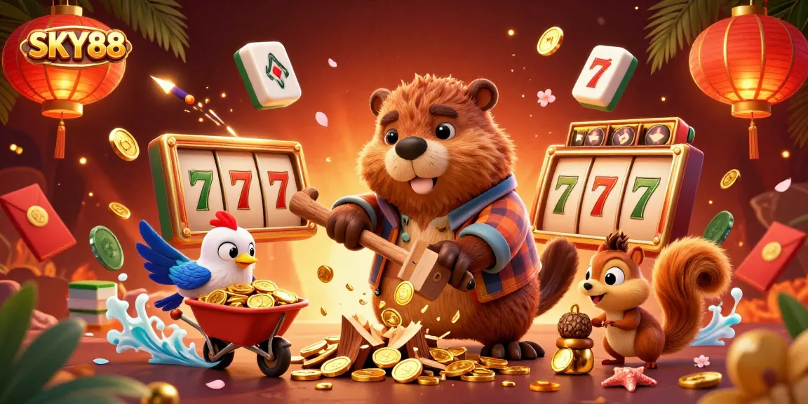 Experience immersive gaming at SKY88 with a colorful casino scene featuring lively characters and golden rewards.