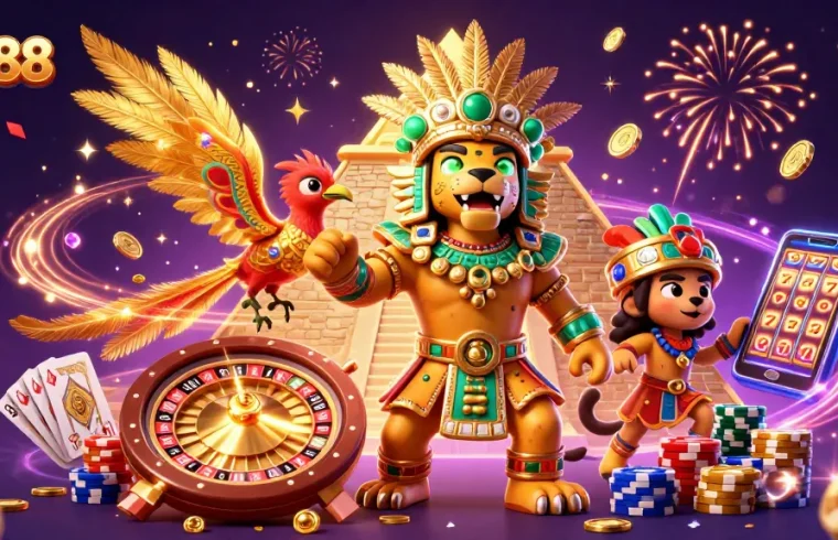 Experience the excitement of QS88 with vibrant 3D casino elements and festive atmosphere in this enchanting illustration.